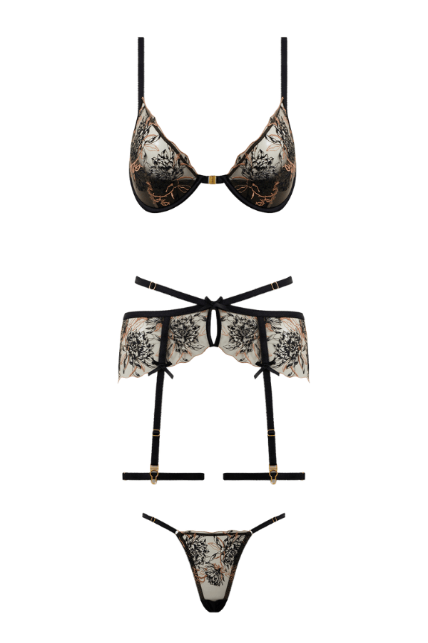 House of Desire Delilah Embroidered Push Up Bra, Garter & Thong Set Black