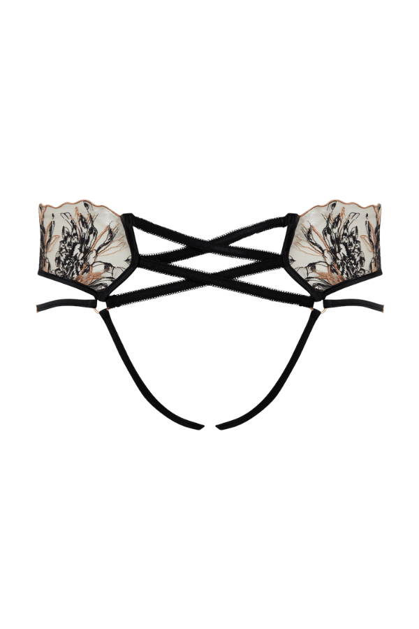 House of Desire Delilah Embroidered Strappy Crotchless & Backless Hipster Black