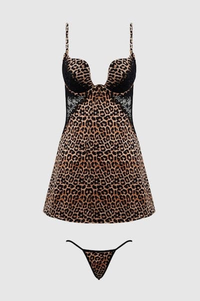 House of Desire Devon Silky Satin Swirl Plunge Push Up Babydoll Set Leopard