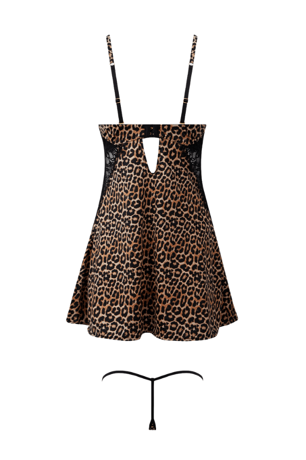 House of Desire Devon Silky Satin Swirl Plunge Push Up Babydoll Set Leopard