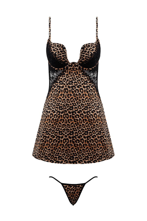 House of Desire Devon Silky Satin Swirl Plunge Push Up Babydoll Set Leopard