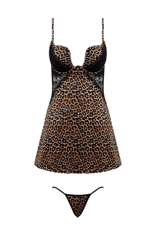 Devon Silky Satin Swirl Plunge Push Up Babydoll Set Leopard