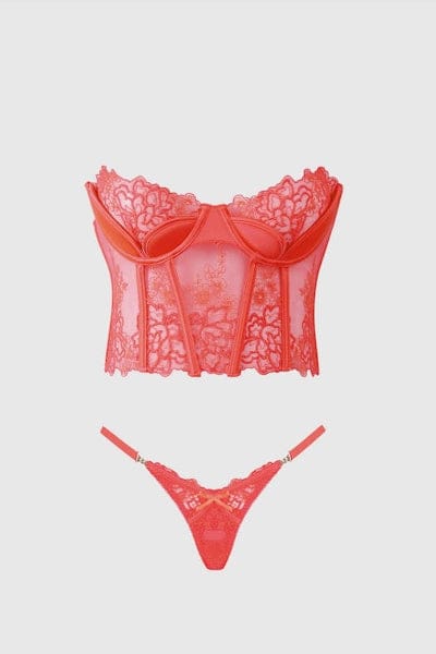 House of Desire Eden Embroidered Bustier & Tanga Set - Coral