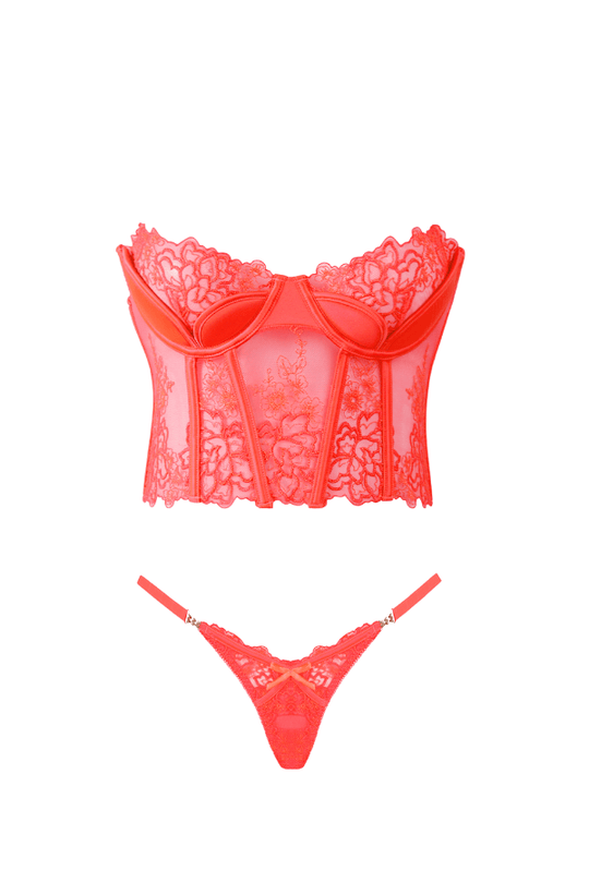 Eden Embroidered Bustier & Tanga Set - Coral Pink