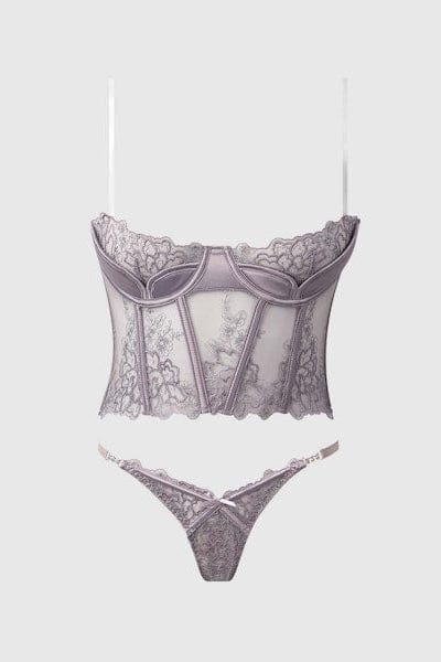 House of Desire Eden Embroidered Bustier & Tanga Set - Grey