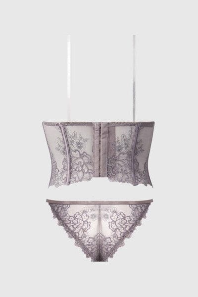 House of Desire Eden Embroidered Bustier & Tanga Set - Grey