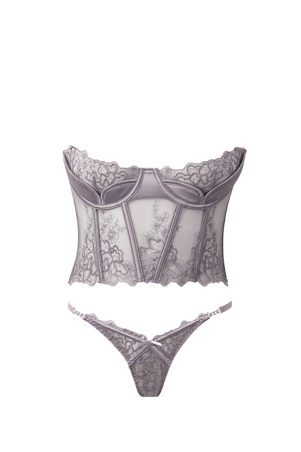 House of Desire Eden Embroidered Bustier & Tanga Set - Grey