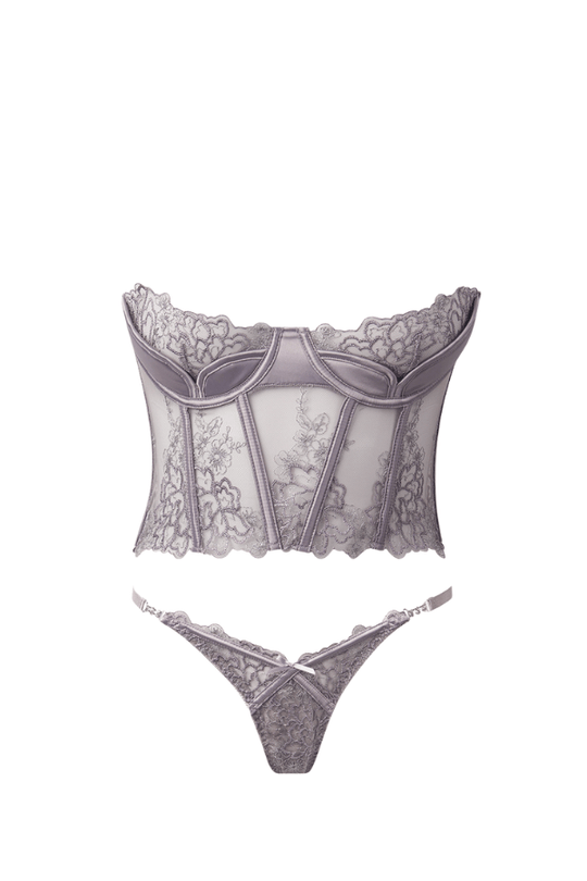 Eden Embroidered Bustier & Tanga Set - Grey