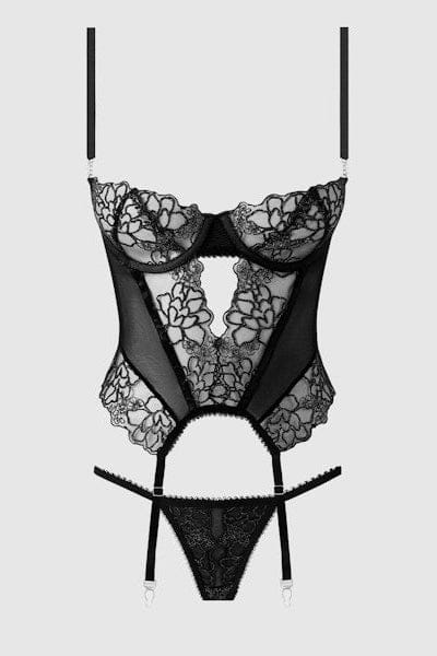 House of Desire Eden Embroidered Lace Bustier & G-String Set - Black