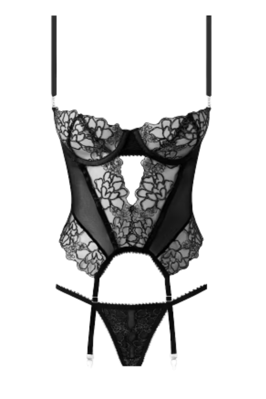 Eden Embroidered Lace Bustier & G-String Set - Black