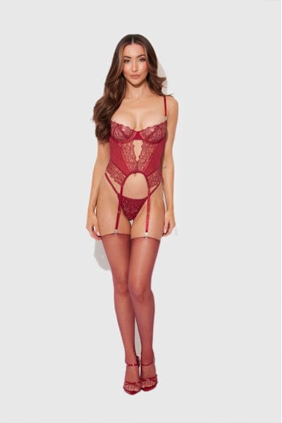 Eden Embroidered Lace Bustier & G-String Set - Rhubarb