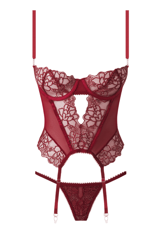 Eden Embroidered Lace Bustier & G-String Set - Rhubarb