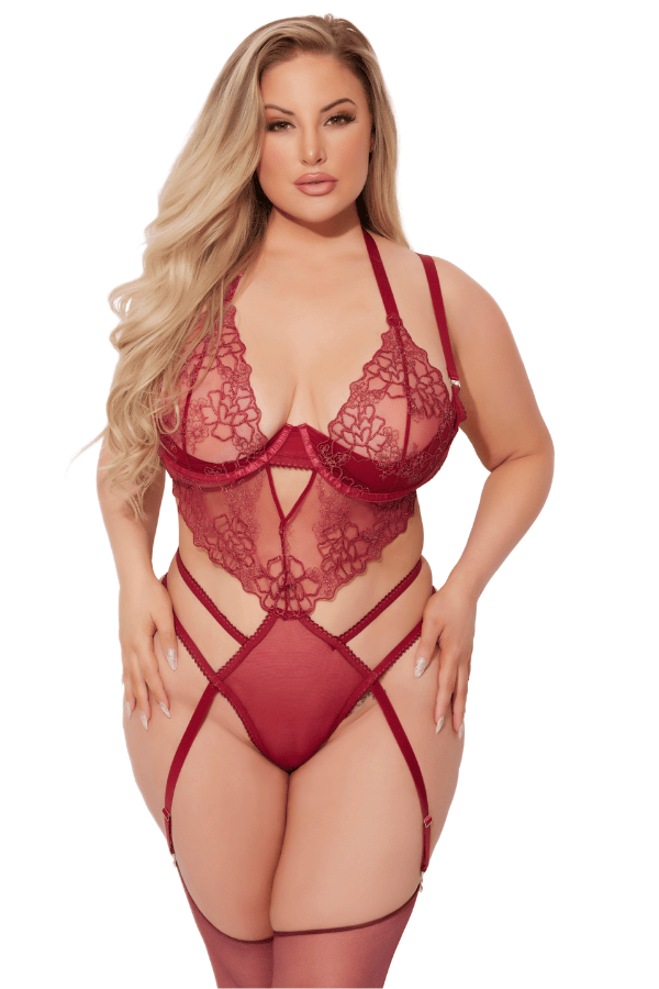 House of Desire Eden Embroidered Lace Teddy - Red