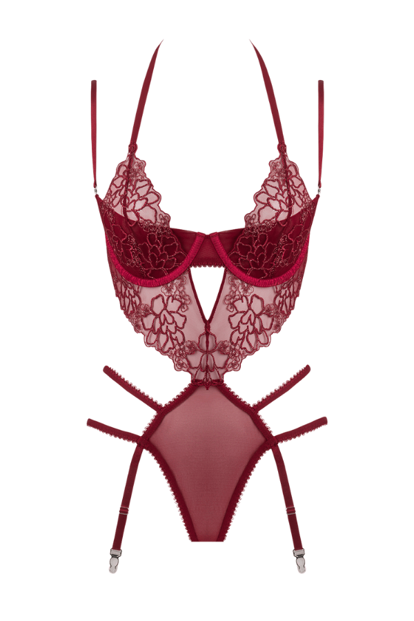 House of Desire Eden Embroidered Lace Teddy - Red