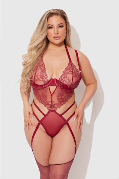 House of Desire Eden Embroidered Lace Teddy - Rhubarb