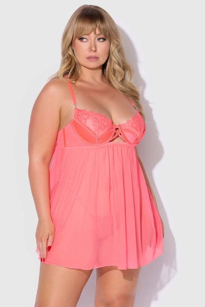 House of Desire Eden Embroidered Mesh & Satin Babydoll - Coral