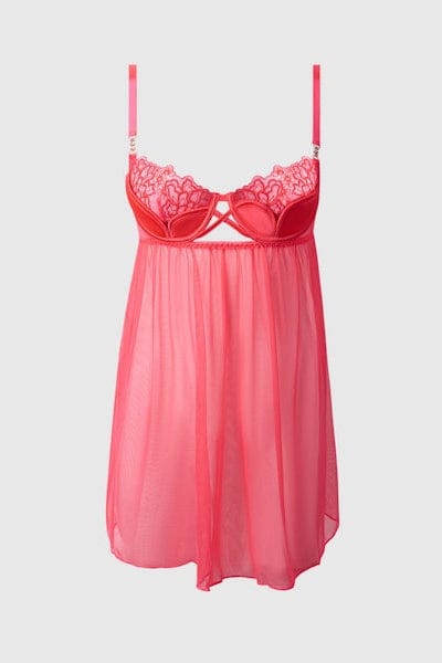House of Desire Eden Embroidered Mesh & Satin Babydoll - Coral