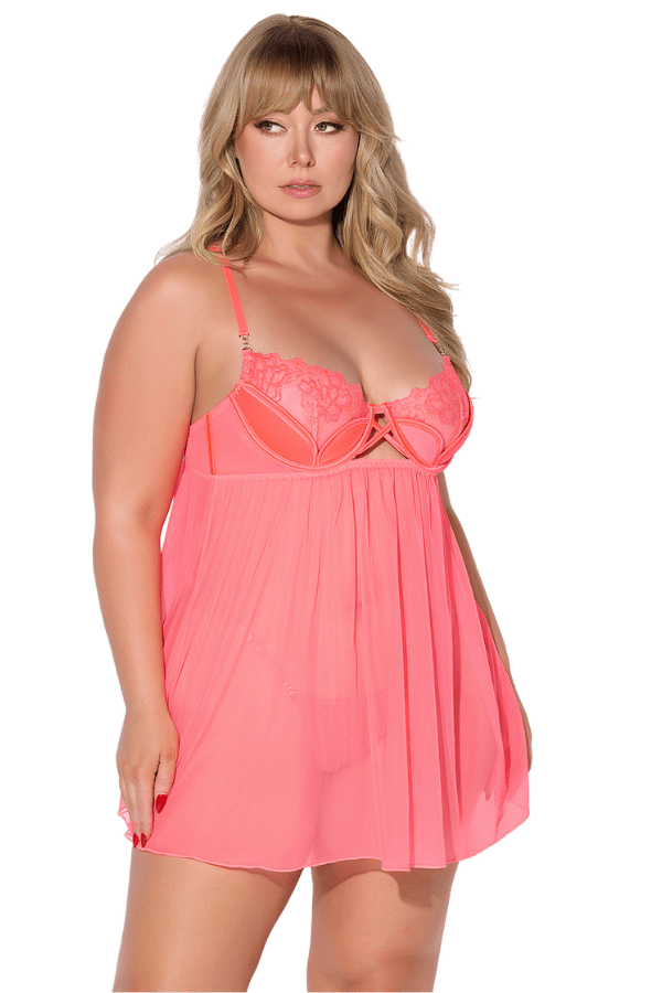 House of Desire Eden Embroidered Mesh & Satin Babydoll - Coral Pink