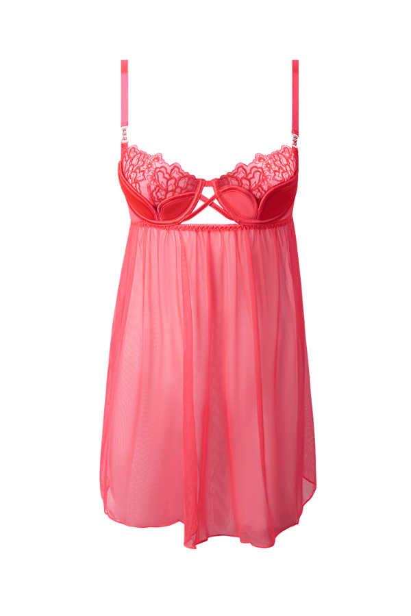 House of Desire Eden Embroidered Mesh & Satin Babydoll - Coral Pink