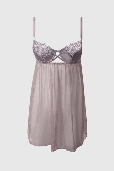 House of Desire Eden Embroidered Mesh & Satin Babydoll - Grey