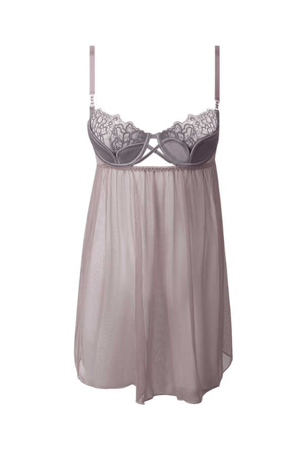 House of Desire Eden Embroidered Mesh & Satin Babydoll - Grey