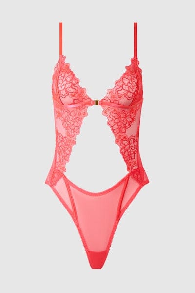 House of Desire Eden Embroidered Wirefree Teddy - Coral