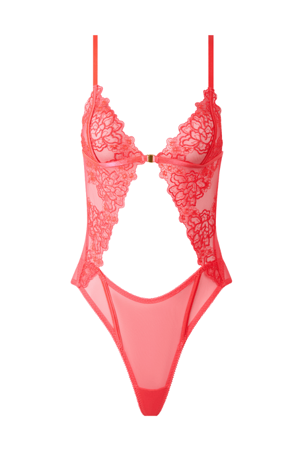 House of Desire Eden Embroidered Wirefree Teddy - Coral Pink