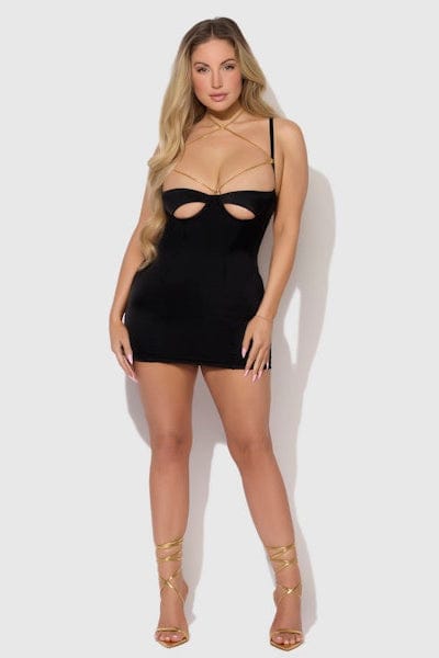 Evangeline Satin & Chain Cutout Cup & Open Back Chemise Set - Black