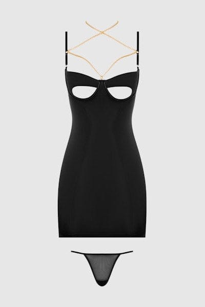 House of Desire Evangeline Satin & Chain Cutout Cup & Open Back Chemise Set - Black