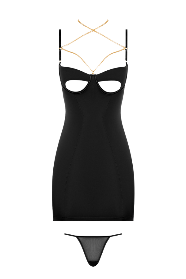 House of Desire Evangeline Satin & Chain Cutout Cup & Open Back Chemise Set - Black