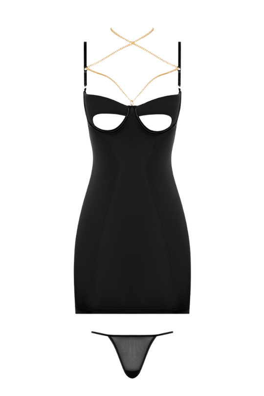 Evangeline Satin & Chain Cutout Cup & Open Back Chemise Set - Black