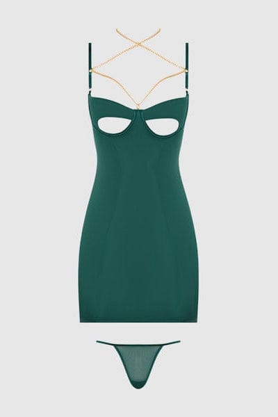 House of Desire Evangeline Satin & Chain Cutout Cup & Open Back Chemise Set-EMRL