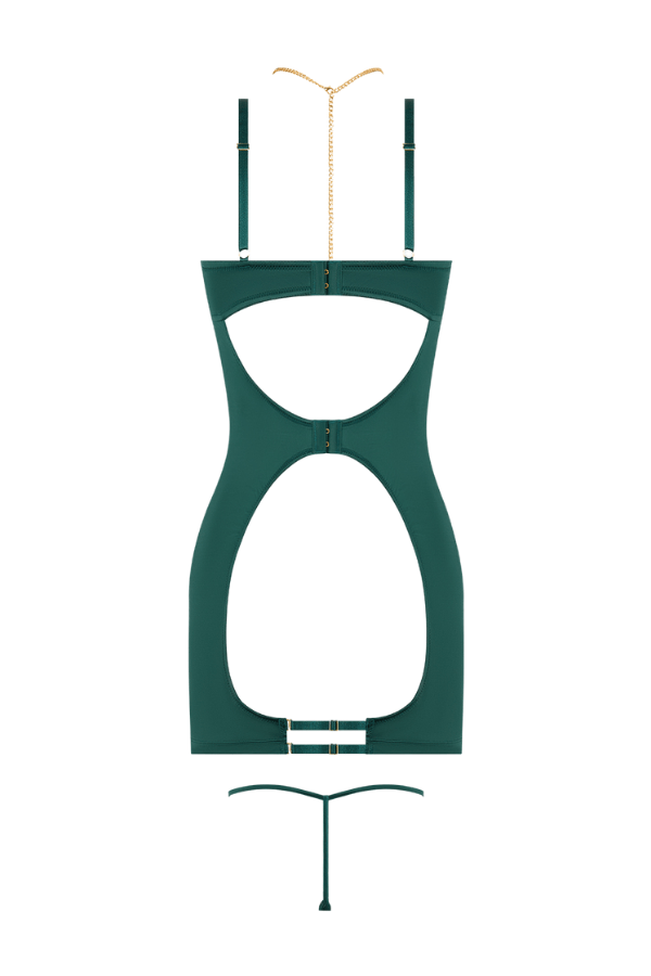 House of Desire Evangeline Satin & Chain Cutout Cup & Open Back Chemise Set - Green