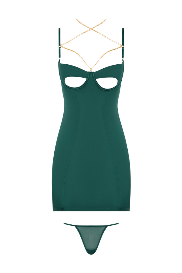 House of Desire Evangeline Satin & Chain Cutout Cup & Open Back Chemise Set - Green
