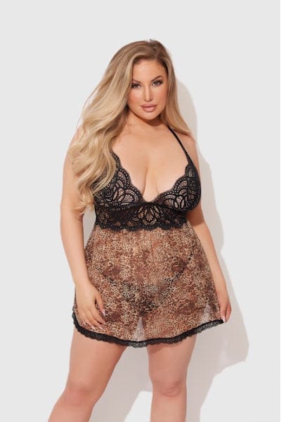 Felicia Leopard Mesh & Lace Babydoll Set Leopard