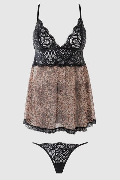 House of Desire Felicia Leopard Mesh & Lace Babydoll Set Leopard