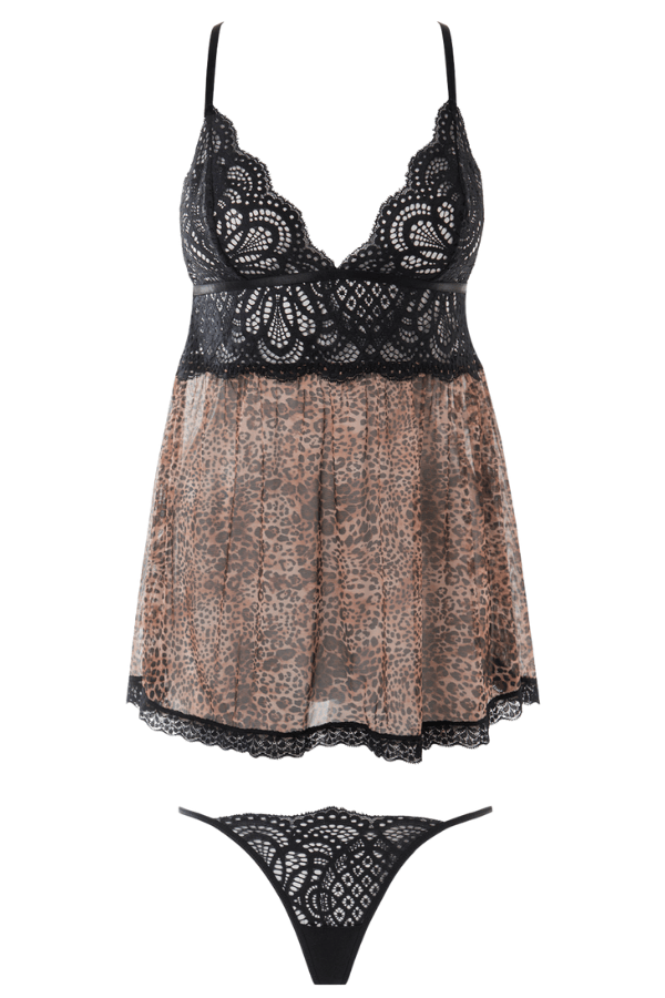 House of Desire Felicia Leopard Mesh & Lace Babydoll Set Leopard