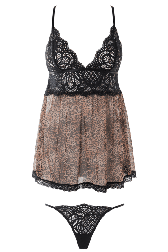 Felicia Leopard Mesh & Lace Babydoll Set Leopard