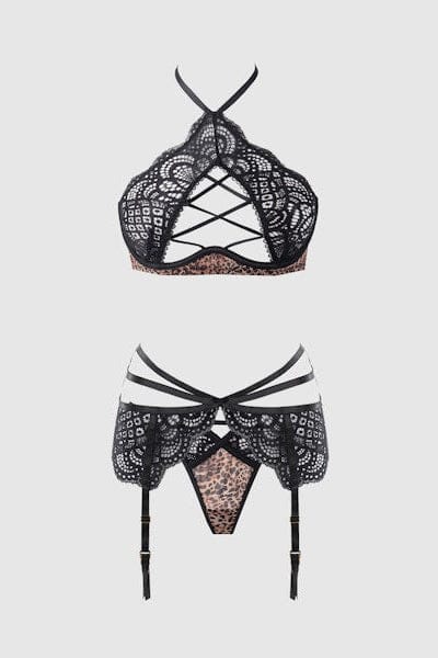 House of Desire Felicia Leopard Mesh & Lace Bra, Garter & G-String Set Leopard