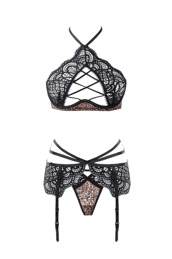 House of Desire Felicia Leopard Mesh & Lace Bra, Garter & G-String Set Leopard