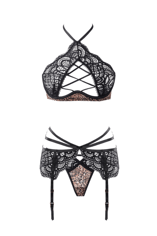Felicia Leopard Mesh & Lace Bra, Garter & G-String Set Leopard