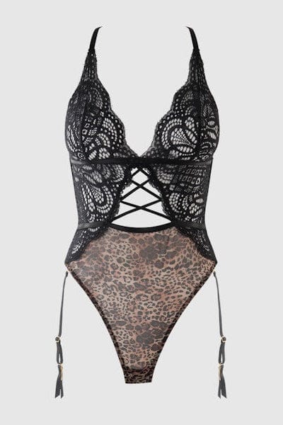 House of Desire Felicia Leopard Mesh & Lace Gartered Teddy- Leopard
