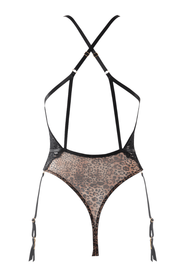 House of Desire Felicia Leopard Mesh & Lace Gartered Teddy- Leopard