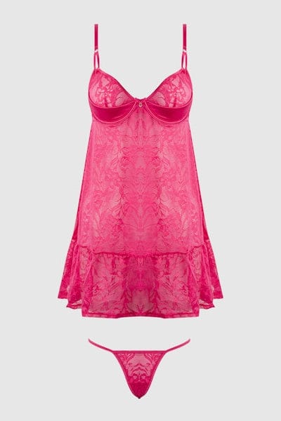 House of Desire Flora Lace Babydoll & G-String Set - Pink Dragon