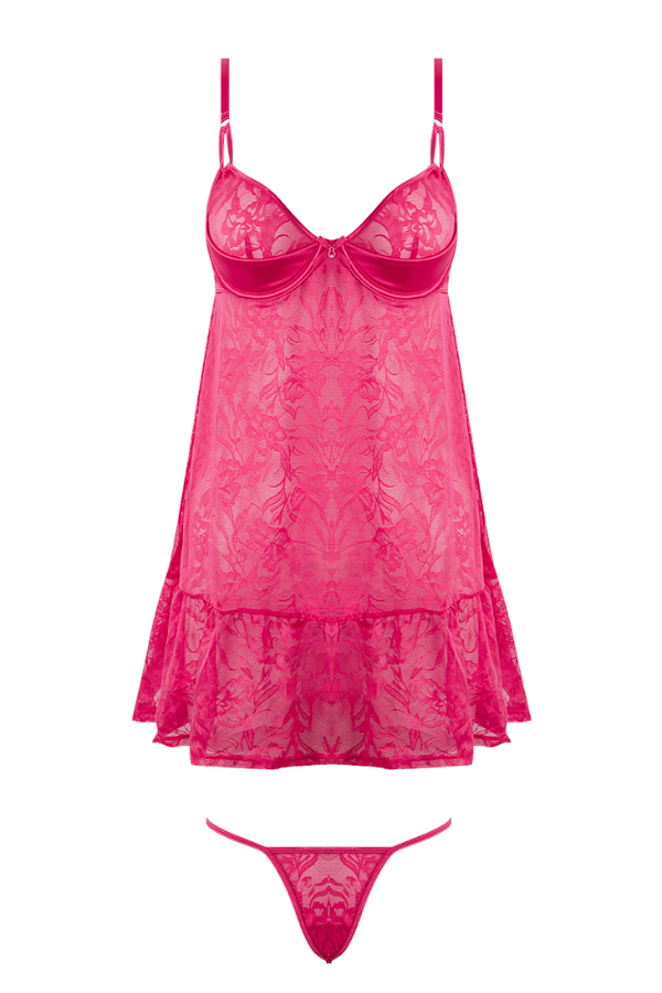 House of Desire Flora Lace Babydoll & G-String Set - Pink Dragon