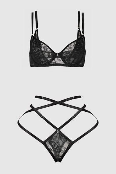 House of Desire Flora Lace Bra & Strappy Thong Set - Black