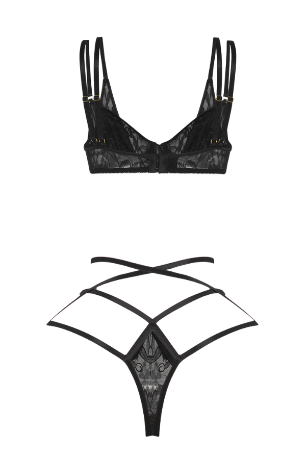 House of Desire Flora Lace Bra & Strappy Thong Set - Black