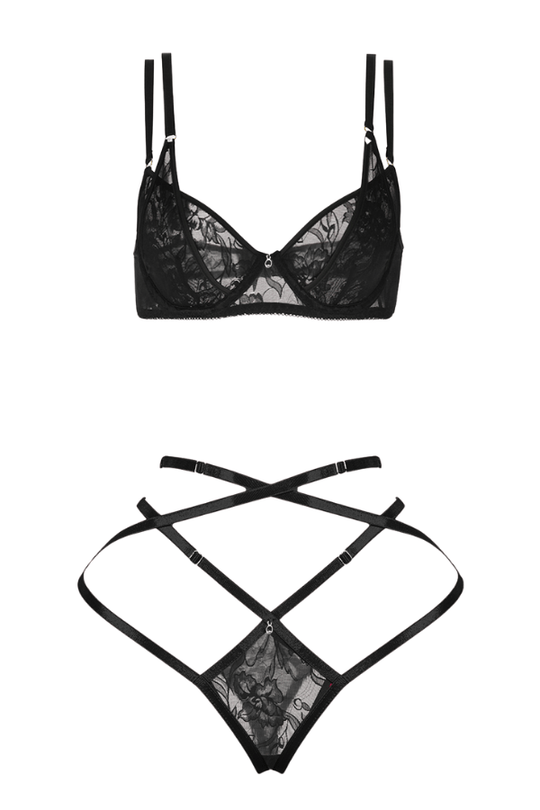 Flora Lace Bra & Strappy Thong Set - Black