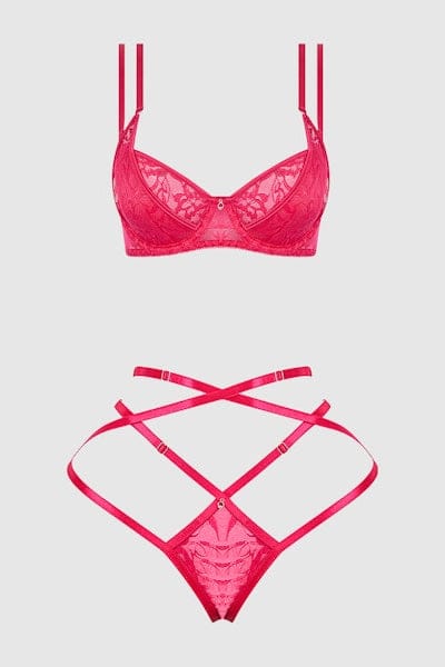House of Desire Flora Lace Bra & Strappy Thong Set - Pink Dragon