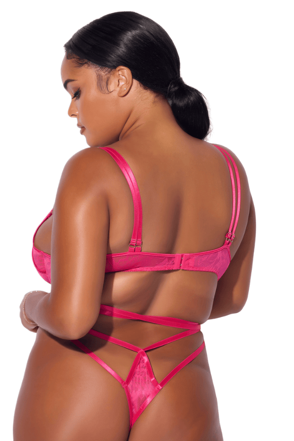 House of Desire Flora Lace Bra & Strappy Thong Set - Pink Dragon